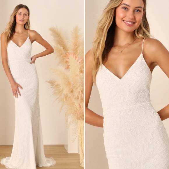 LULUS Bridal Wedding Elegant Sophisticated STUNNING Floral Beaded Mermaid Gown - Picture 5 of 10